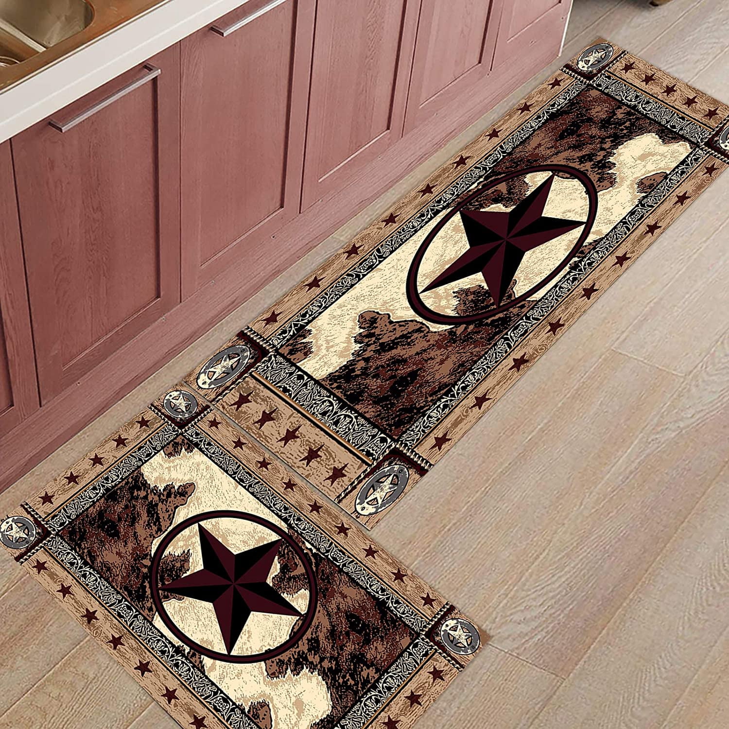 Kitchen Rugs Sets 2 Piece Floor Mats Western Texas Star on Wood Panel Rustic Doormat Vintage Style Texas Star Pattern Area Rugs Washable Runner Carpet Set Non Slip Kitchen Rugs and Mats