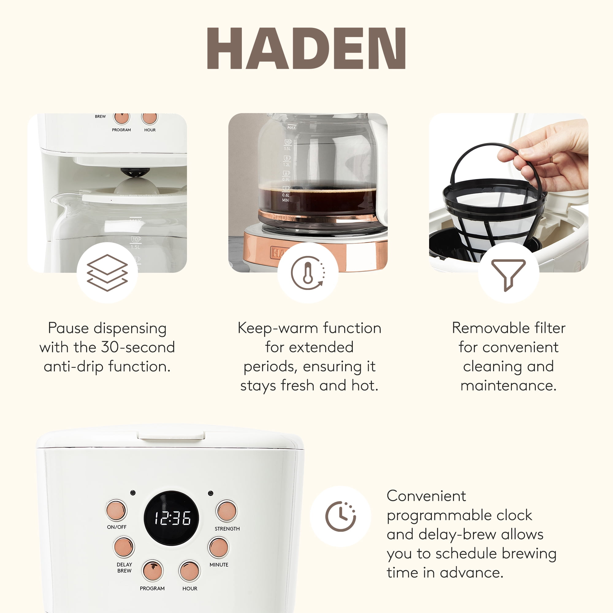Haden Coffee Maker & Heritage 1.7 Liter Electric Kettle, Ivory & Copper