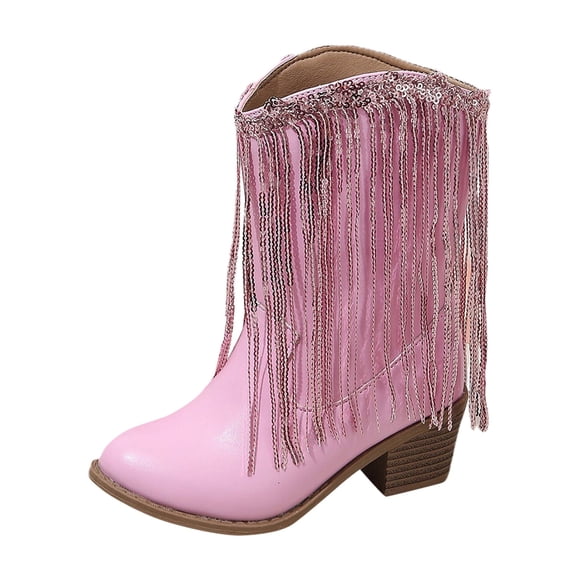 Zecgelong Girls Boots,Girls New Solid Color Fashion Leather Children Tassel Boots Autumn And Winter Big Kids Chunky Heel Casual Kids Western Cowboy Boots