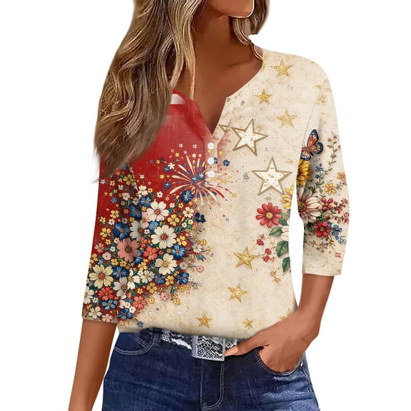 Women's 250th Anniversary USA Shirt Patriotic American Flag Print V-Neck Button 3/4 Sleeve T-Shirt