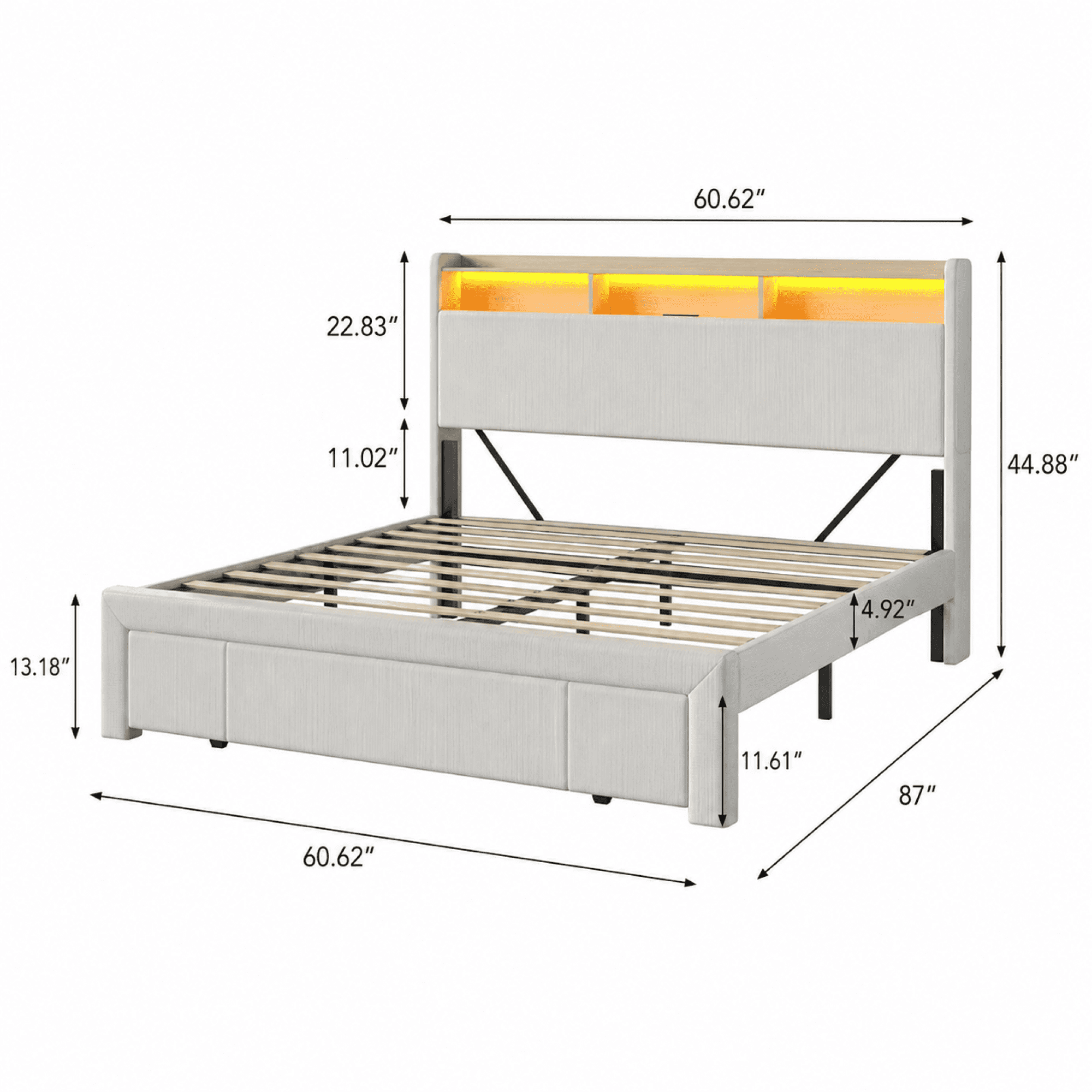 Leumius Queen Size Bed Frame,Upholstered Platform Bed Frame with LED & Charging Station,Drawers and Storage Headboard,Noise-Free, No Box Spring Needed,Beige(Queen)