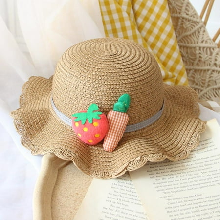 

Girl Hat Summer Cap Breathable Straw Hats Cute Cheery Pattern Sweet Princess Hat Seaside With Bag Kids Hats 1-4Y