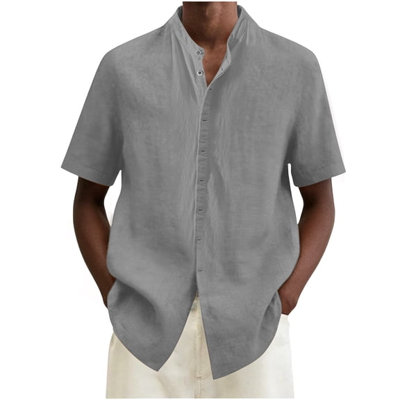 USNSM Men's Solid Color Casual Linen Open Front Button-Up Shirts Hippie Beach Short Sleeve Stand Collar Top Gray S