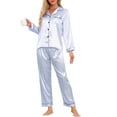 thumbnail image 2 of Pijamas de satén para mujer INSPIRE CHIC, ropa de dormir de manga larga con pantalones, conjuntos de lounge con botones y estampado floral, 2XL, rayas azules, 2 of 5