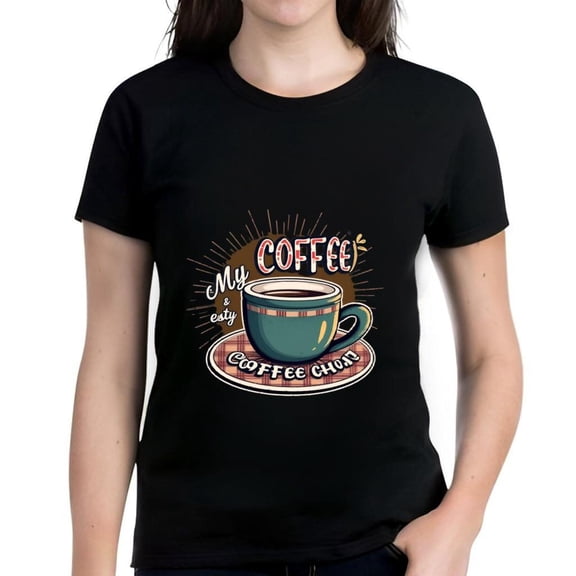 Colorful Graphic Cotton Short Sleeve T-Shirt - 'My Coffee Chat' with Coffee Cup Design and Pattern