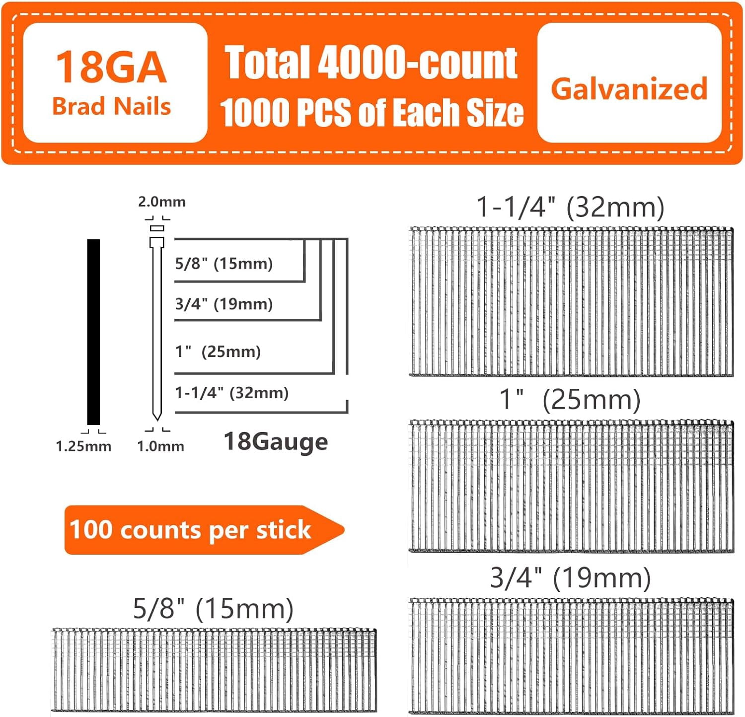 18 Gauge Galvanized Brad Nails Brown T-head 4 Sizes 4000-Pack (5/8"+3/4"+1"+1-1/4"),1000 per size, Assorted Size Project Pack, for Pneumatic, Electric 18GA Brad Nailer Gun