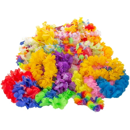 100 Pc Assorted Fabric Hawaiian Flower Leis, Headband, Wristlet Hula Mega Pack