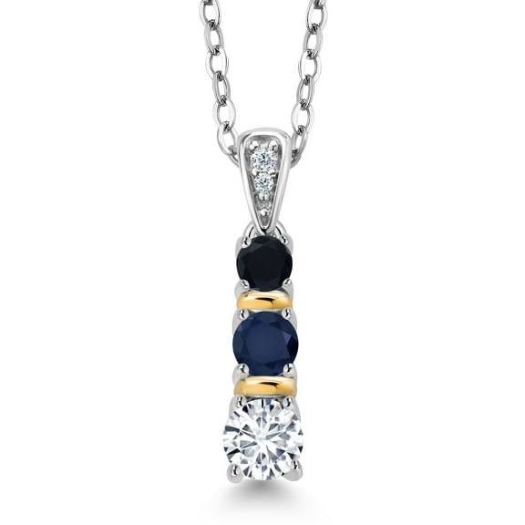 Gem Stone King 925 Silver and 10K Yellow Gold Round White Lab Grown Diamond Blue Sapphire and Black Onyx Pendant Necklace for Women (0.59 Cttw, Gemstone April Birthstone, with 18 inch Chain)