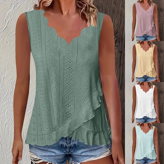 dazeni Womens Summer Eyelet Tank Tops Breathable Hollow out Sleeveless Tee Fashion Ruffle Flowy V Neck Shirts Lightweight Beach Vacation Outfits Light Blue Medium