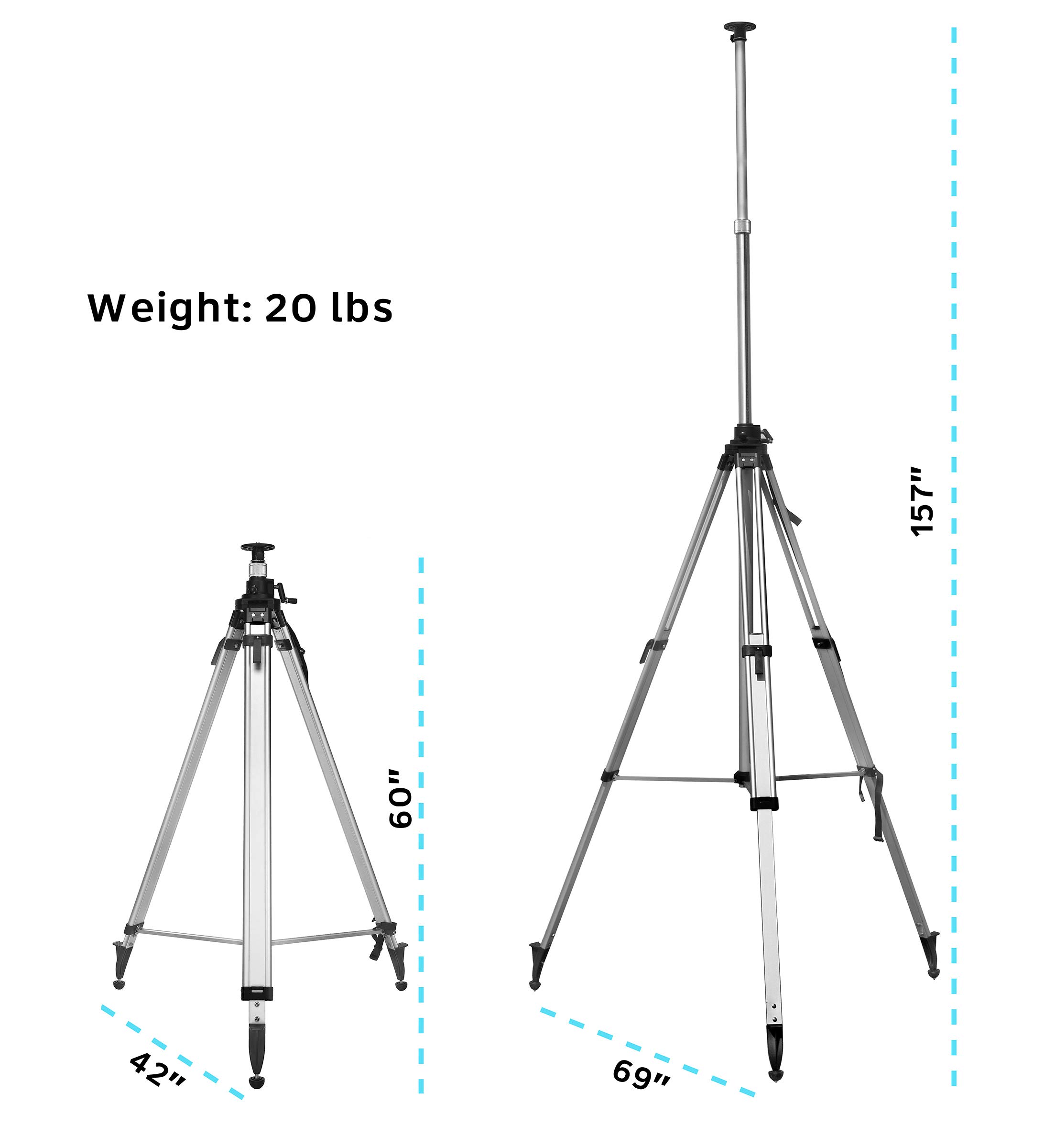 AdirPro Universal Survey Tripod – Laser Level Tripod – Transit Level Tripod - Quick Clamp - Heavy Duty Contractor Tripod 5/8” x 11”  Brass Thread (Silver Aluminum)