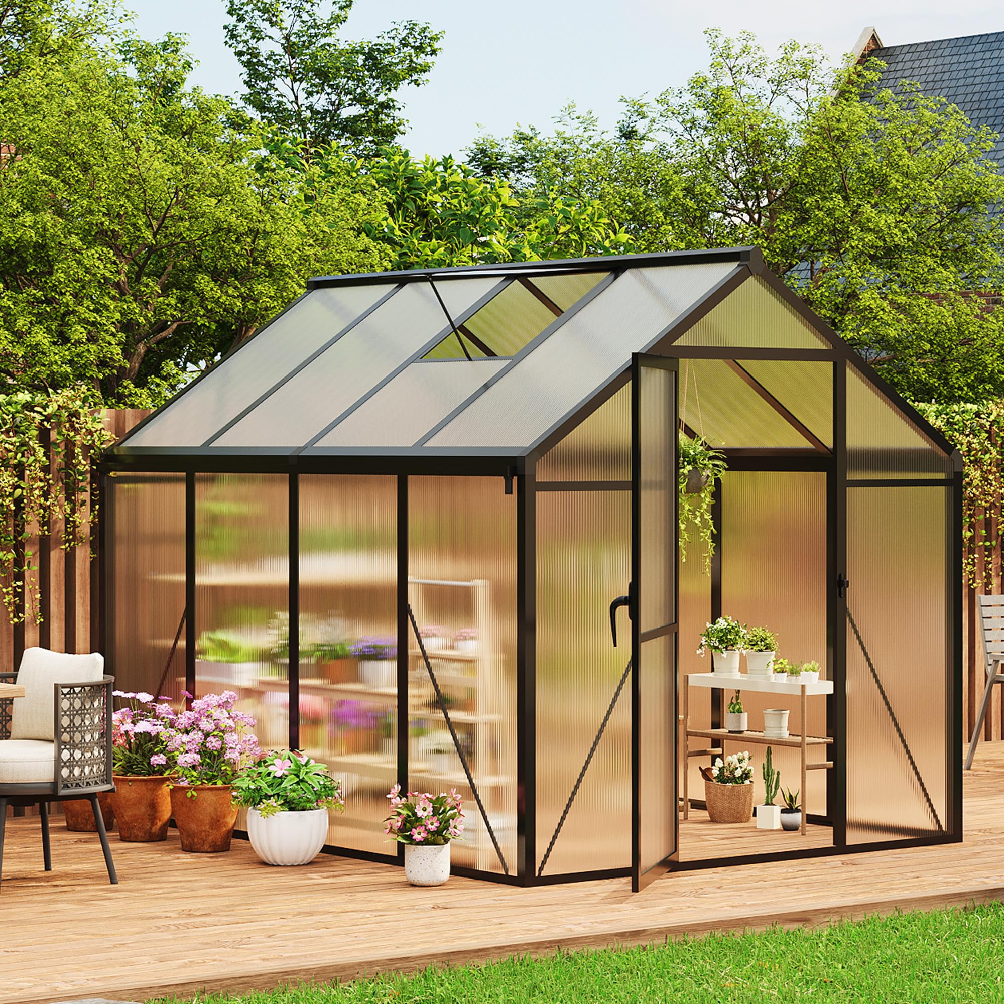 6x8 FT Greenhouse, Easy Assembly Aluminum Polycarbonate Outdoor Greenhouse with Roof Vent, Ground Nails, Heavy Duty Walk-in, Lockable, Black