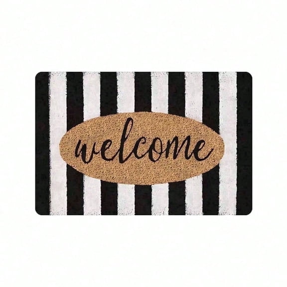 1pc Black White Stripe Welcome Doormat Non Slip Rubber Back Indoor Outdoor Entry Rug