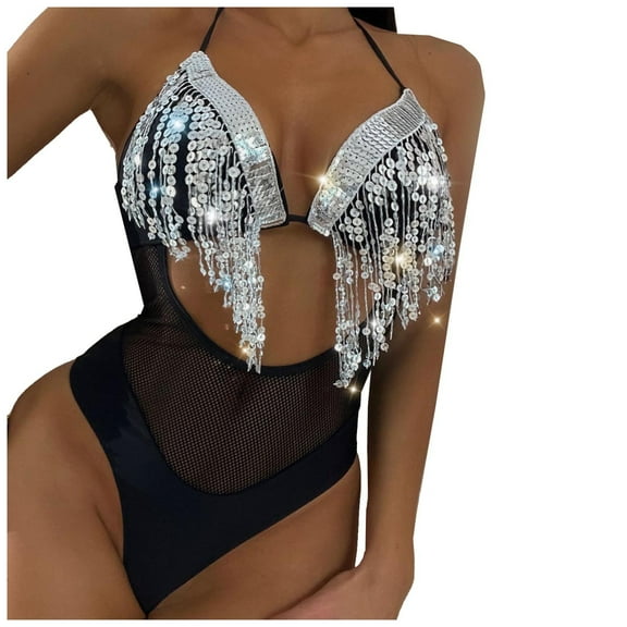 REORIAFEE Plus Size Womens Swimsuits Tropical Bathing Suit Tassel Tie Up Bikini Black L