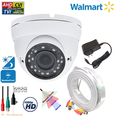 Evertech 1080p HD CCTV Indoor Outdoor Security Dome Camera with 100 feet Video Power Cable and Power Adapter