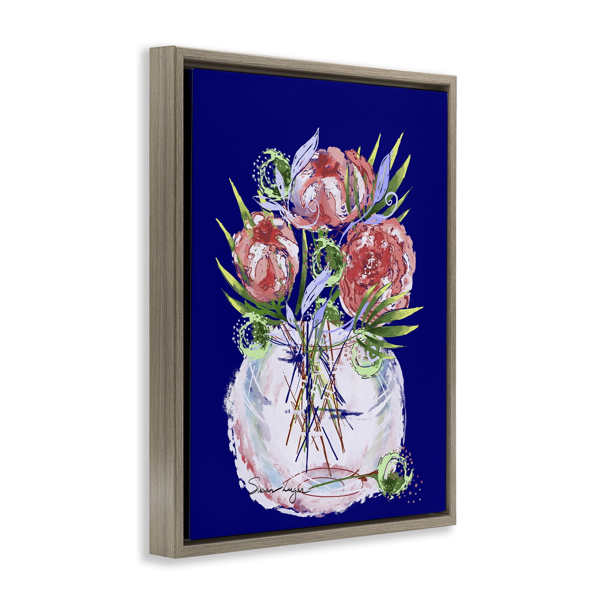 Stupell Industries Florals In Milk Glass Brown Framed Floater Canvas Wall Art, design by Susan Lugar