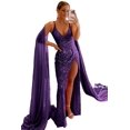 thumbnail image 3 of Vestidos largos de fiesta de lentejuelas de sirena brillantes para mujer, con abertura alta, cuello en V, tirantes finos con purpurina, vestidos formales de fiesta de noche, 3 of 5