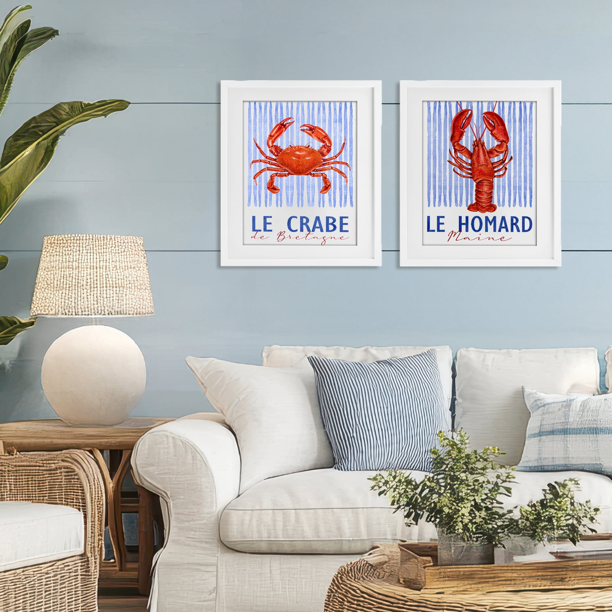 Stupell Industries Nautical Stripes Sea Creatures 2 Piece White Framed Print Under Glass Set, design by Kim Allen
