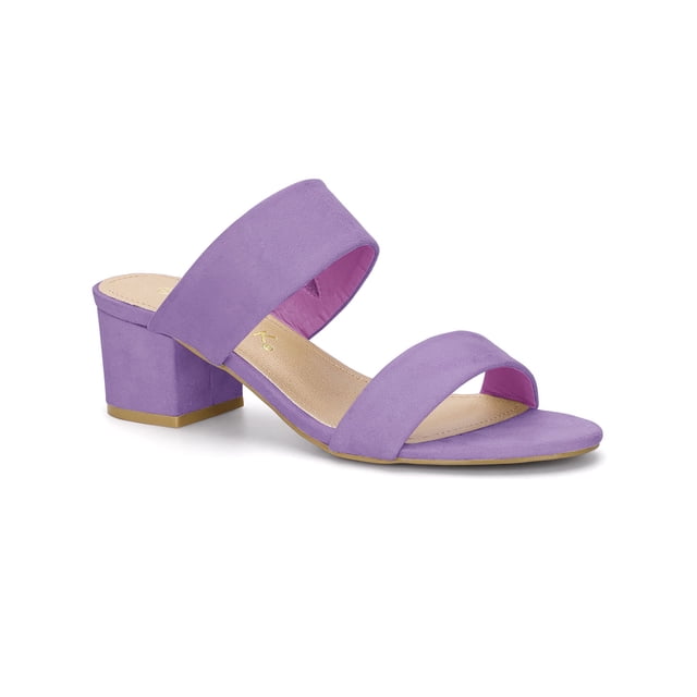 BLISSFUL STEP Women's Shoes Dual Straps Mid Chunky Heel Slide Sandals Purple 7.5