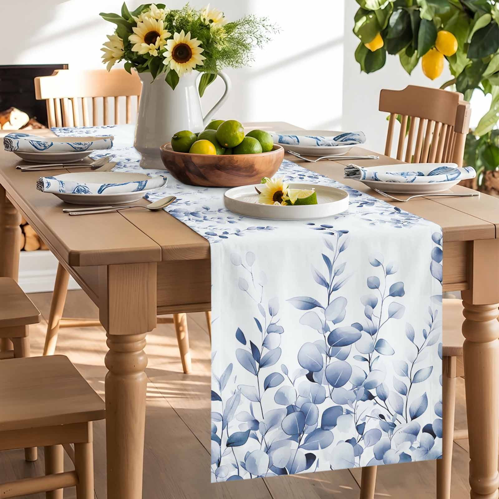 Gradient Farm Eucalyptus Leaves Table Runner 90 Inches Long, Retro Country Botanical Table Runners Tabletop Scarf Kitchen Dining Tables Decoration for Home Party Indoor Outdoor