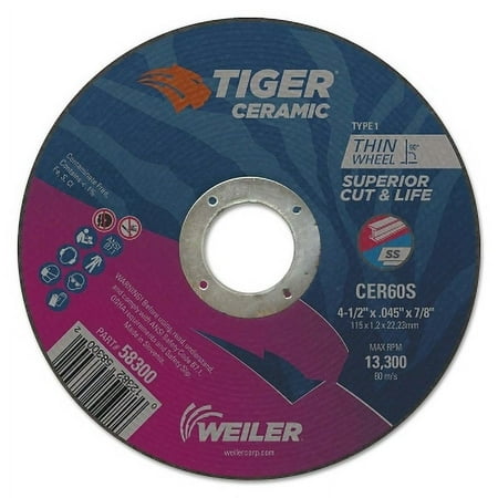UPC: 0012382583002 | Weiler Tiger Ceramic Cutting Wheel  4.5 in Diameter  0.045in Thick  24/bx – 25 BX (804-58300)