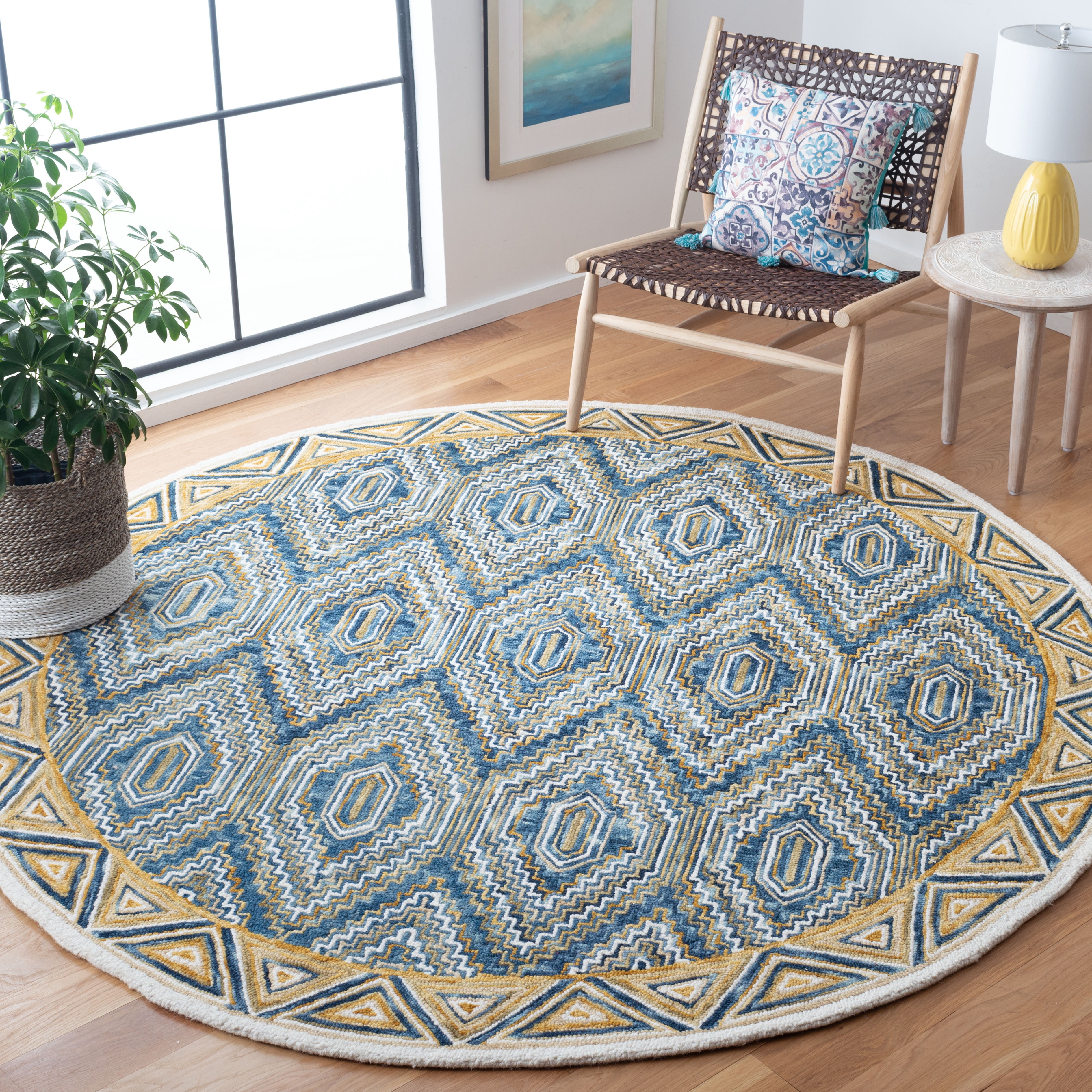 SAFAVIEH Aspen Sylvester Geometric Hexagons Wool Area Rug, Blue/Gold, 7' x 7' Round