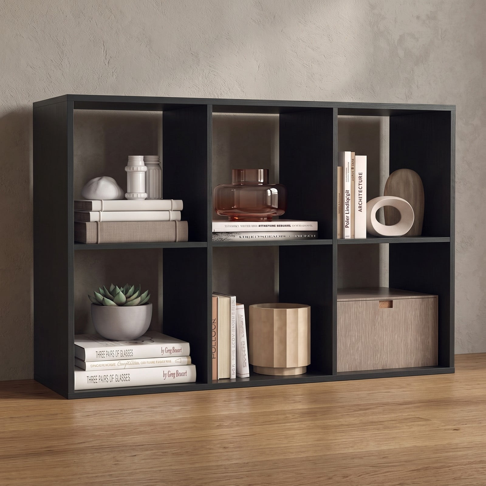Furnibear 6 Cube Bookshelf, Black Wood Cube Storage Organizer with Back Guardrail and Anti-Tip Kit, Freestanding Display Bookcase for Living Room Bedroom Home, Black