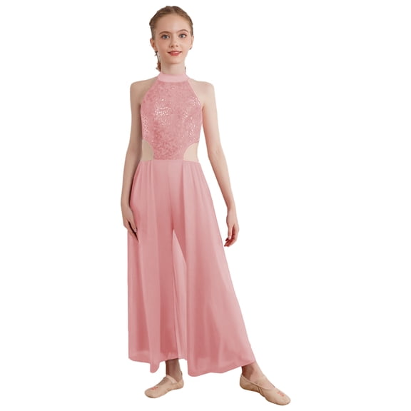 Sholeno Girls Shiny Sequins Sleeveless Cutout Mesh Skirted Jumpsuit for Modern Lyrical Dance Dress Pink 10