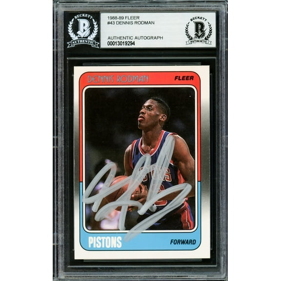 Dennis Rodman Autographed 1988-89 Fleer Rookie Card #43 Detroit Pistons Beckett BAS 220307