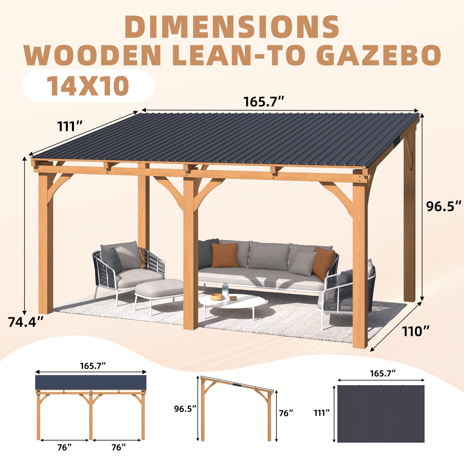 AECOJOY 10' x 14' Wood Gazebo, Outdoor Heavy Duty Wooden Pergola on Clearance, Patio Lean to Hardtop Awnings