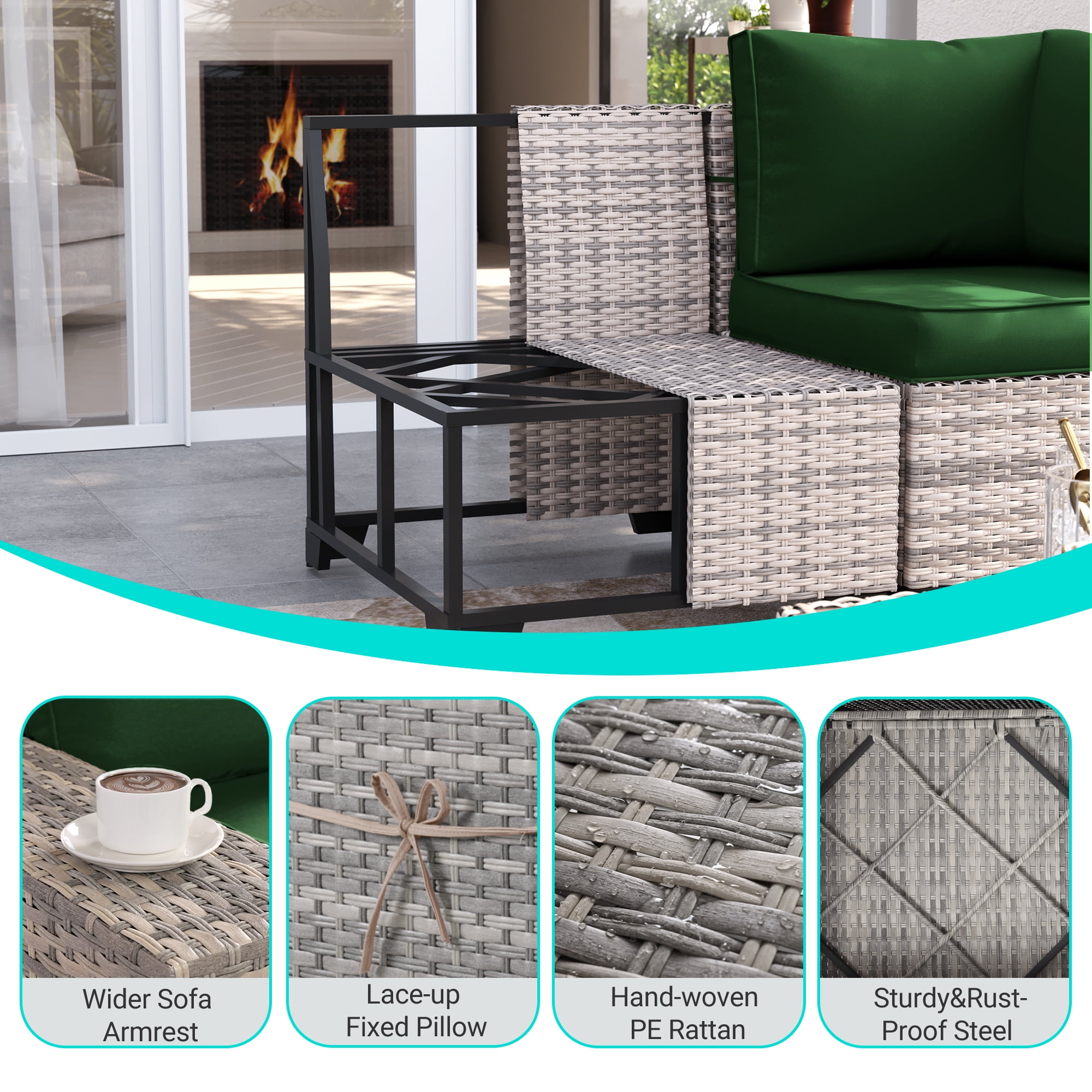 6-Piece Outdoor Patio Furniture Set, PE Wicker Rattan Sectional Sofa Conversation Set with Tempered Glass Table & Thick Cushions - All-Weather Garden, Backyard Furniture,Dark Green