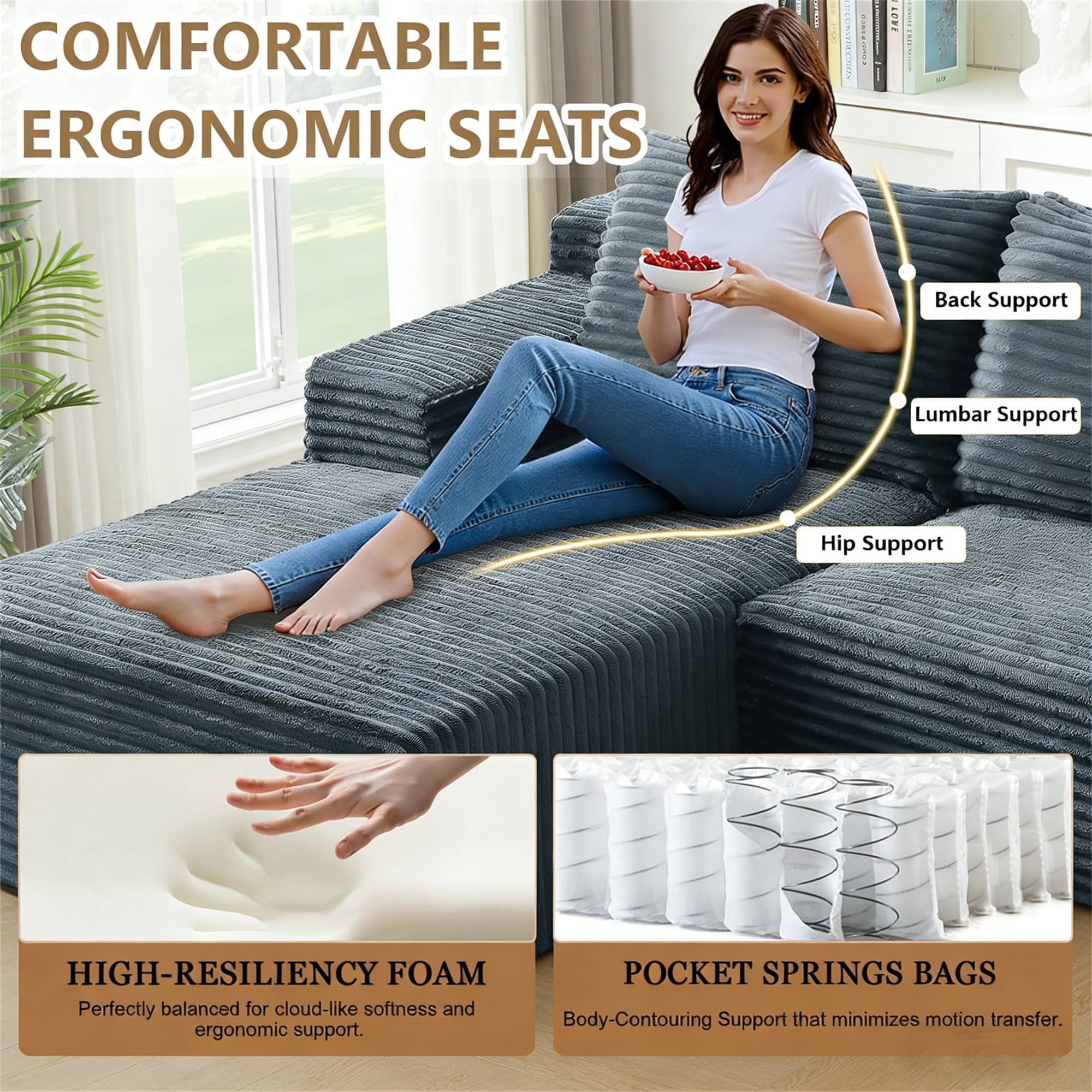 Aukfa 105" Cloud Sectional Sofa Boneless Couch Modular Sofa Bed for Living Room, 2Pillows, Right Chiase, Corduroy, Gray