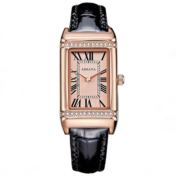 Vintage Women’s Rectangle Dress Watch with Rose Gold Mother of Pearl Dial, Quartz Movement Leather Strap