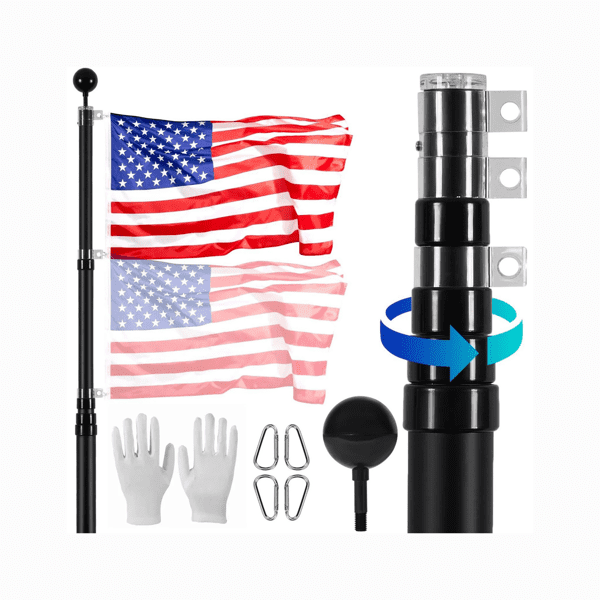 25FT Telescoping Flagpole Kit, 3 Display Modes with 3x5 American Flag & Professional Accessories, Black