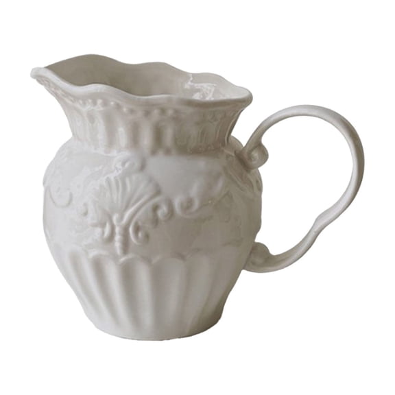 Large Capacity Embossed Ceramic Creamer Pitcher for Coffee and Tea Serve with Floral Design, Multi-Use Milk Jug and Vase for Kitchen Decor