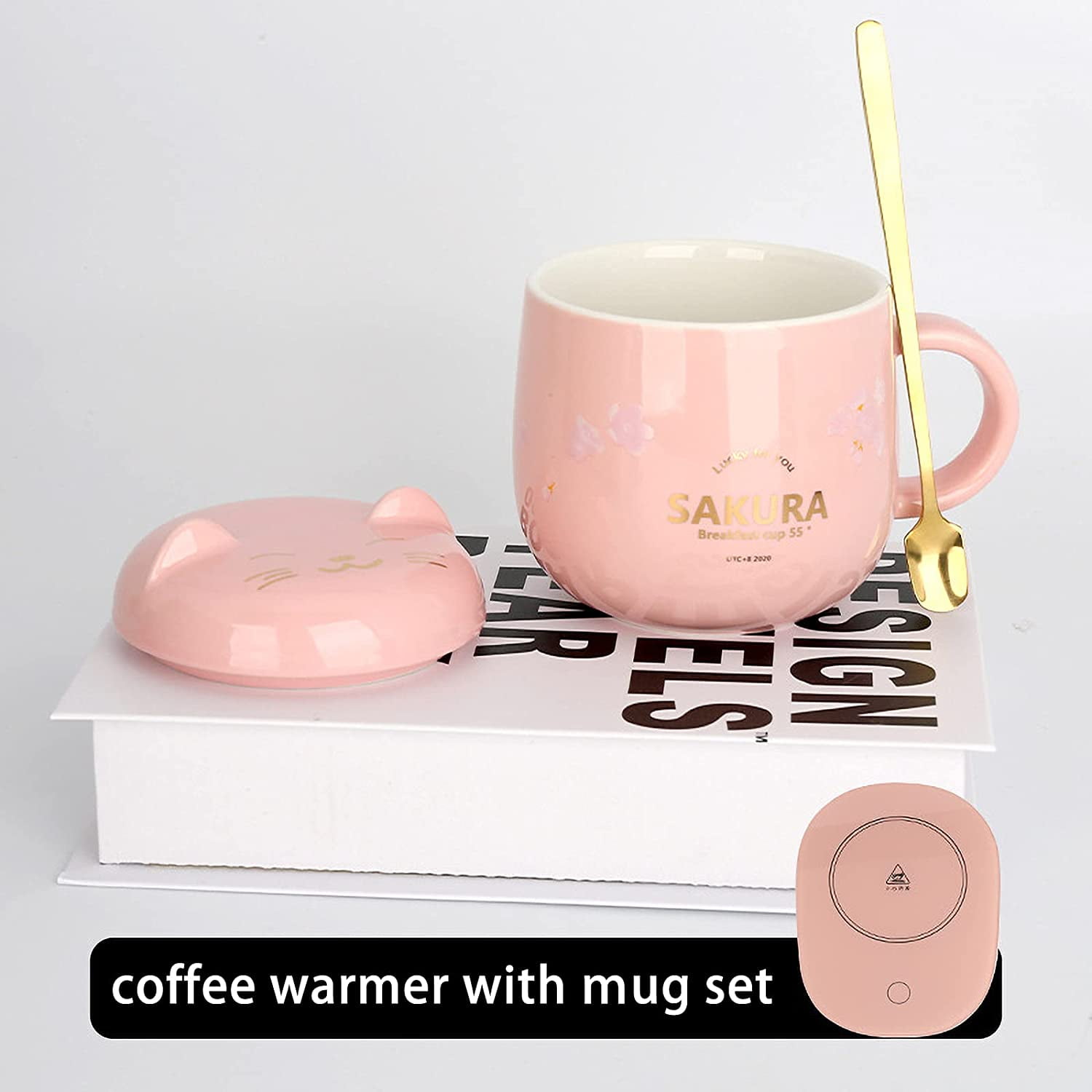 Coffee Cup Warmer Coffee Warmer with Mug for Women Electric Coffee Mug  Heater Temperature Control Ceramic Cute Cat Smart Coffee Warmer for Office