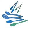 Tasty Kitchen Gadgets Set, Slotted Turner, Solid Spoon, 2 Silicone Spatulas, and 2 Tongs , Royal Blue and Green