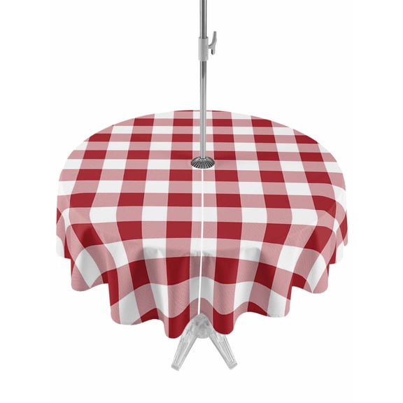 Outdoor Table Cloth with Umbrella Hole and Zipper, Farmhouse Red Plaid Waterproof Round Tablecloth 54 Inch, Rustic Red White Checkered Washable Table Cover for Outside Party Patio Picnic