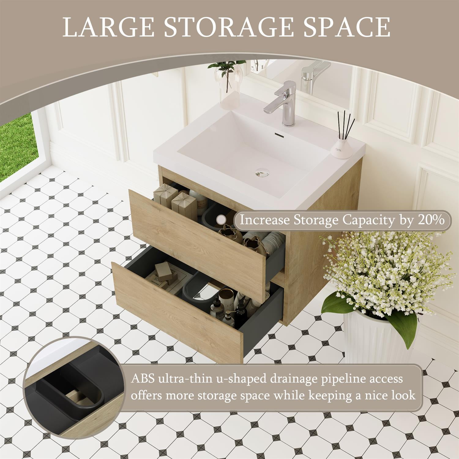 Demi Bonn 24" Floating Bathroom Vanity with Sink, Resin Top Basin and 2 Soft Close Drawers, Faucets and Drains Not Included, Brown