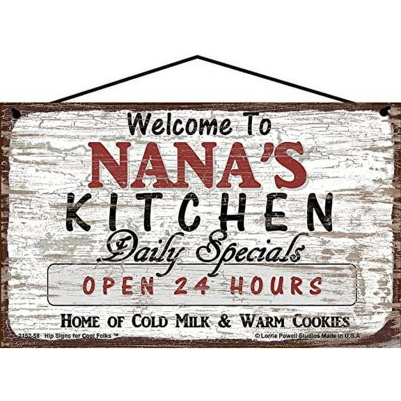 5x8 Vintage Style Kitchen Sign Welcome to Nana's Kitchen Daily Specials Open 24 Hours Home of Cold Milk and Warm Cookies Mother's Day Gift for Grandmothers Home Décor for Grandma