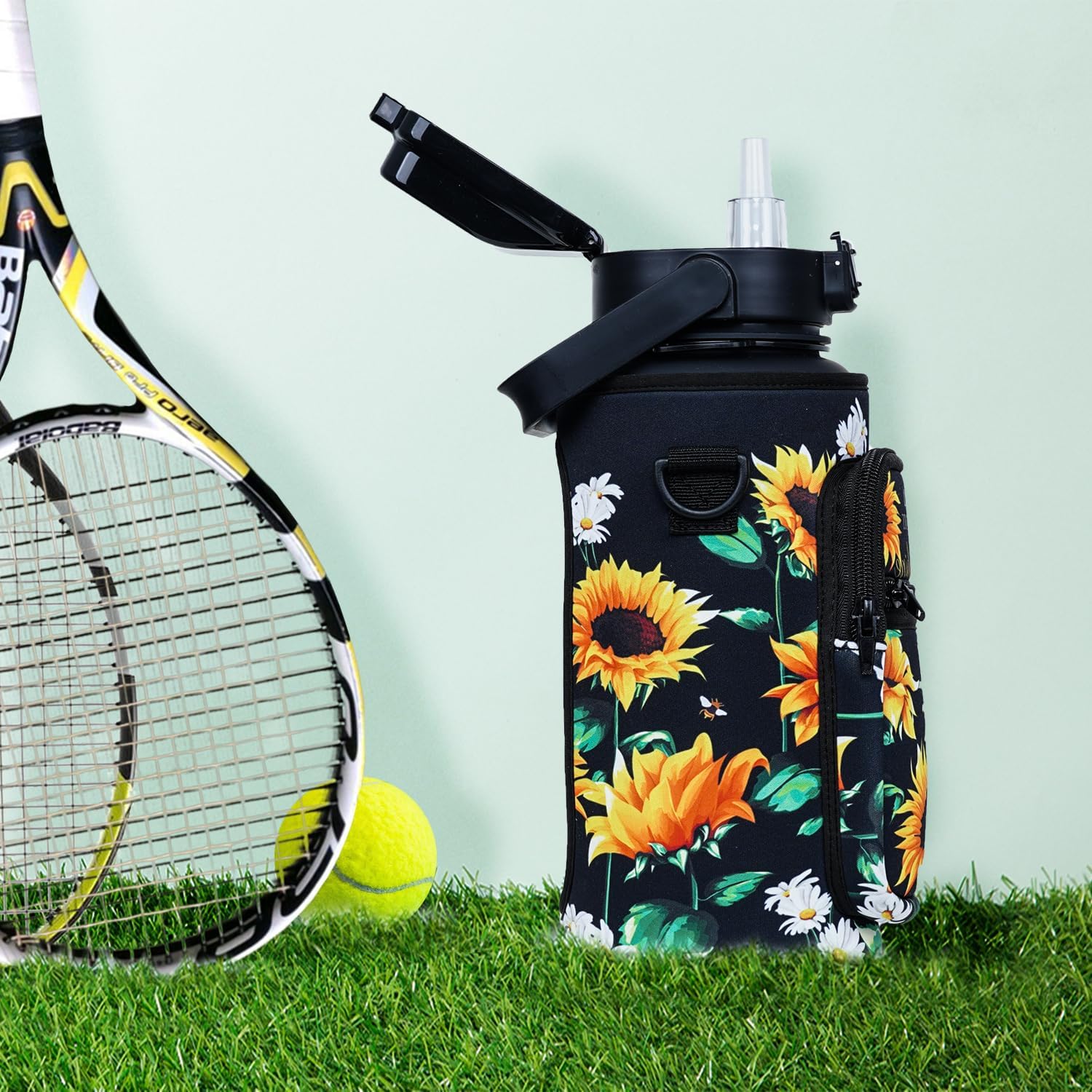 Sunflower Half Gallon Water Bottle with Sleeve - Flip Top Bpa Free 64 OZ Water Bottle - You are my sunshine Water Jug - Motivational Gym Water Bottle for Sunflower Gifts for Women