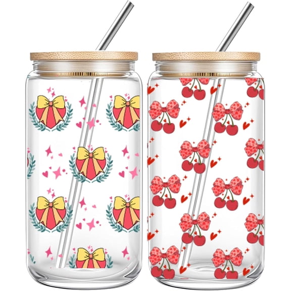 2 Pcs Cherry Bow Glass Cup Tumbler with Lids and Straws, Birthday Gifts for Daughter, Sister, Teacher, Mom, 16 oz Iced Coffee Smoothie Beer Cups
