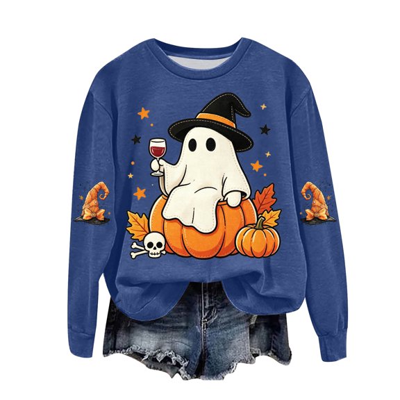 Duqingm Halloween Sweatshirts for Women Casual Crewneck Pullover Cute Funny Ghost Graphic Sweater Pullover Top,L