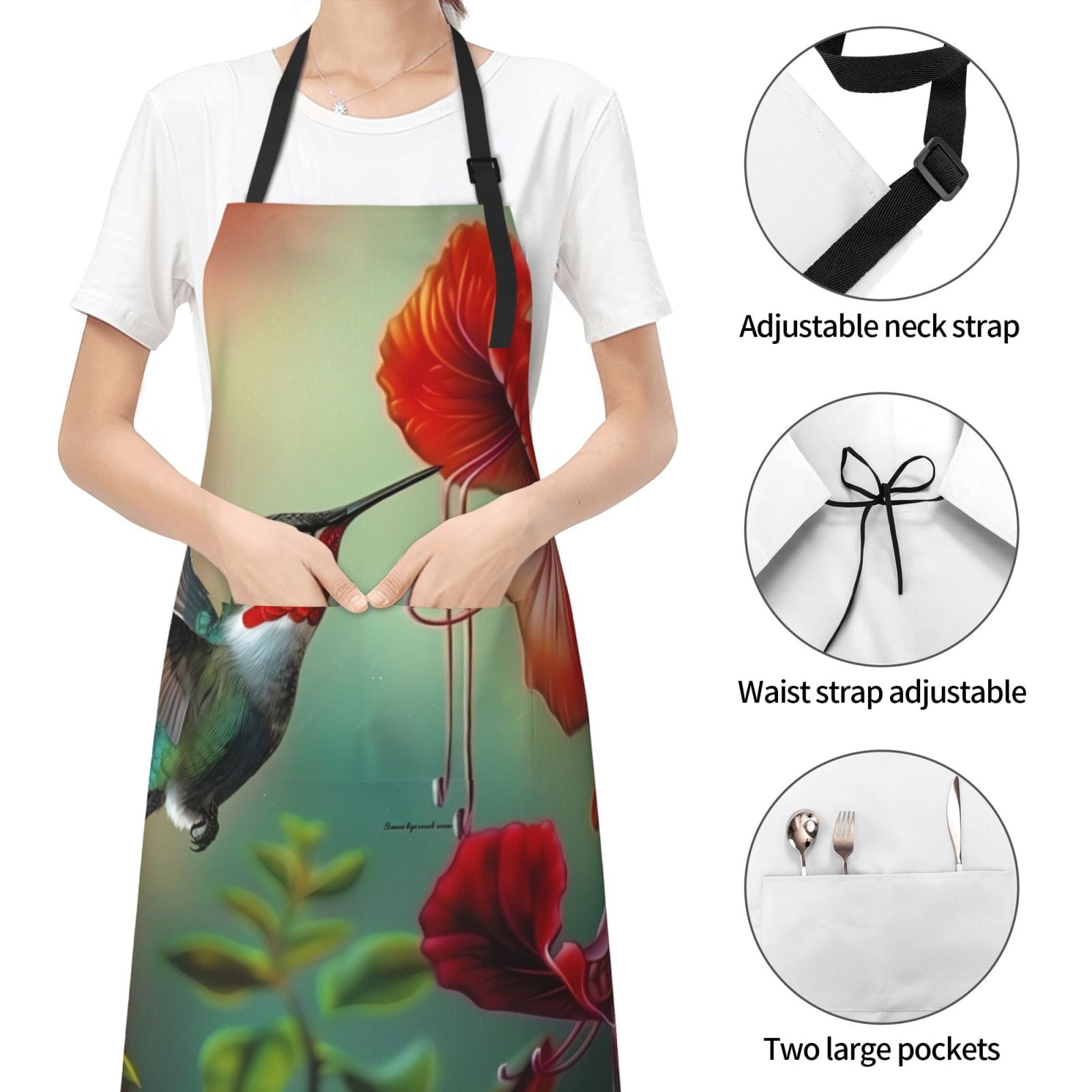 Kdxio Hummingbird Floral Paradise Apron with Pockets Adjustable Kitchen Aprons for Men Women Waterproof Aprons for Cooking,Drawing,Crafting, Baking Household Cleaning