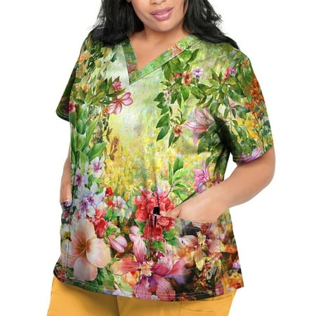 

Sksloeg Women Scrub Tops Women Short Sleeve Tops Working Uniform Vintage Flower Printed Scrub Tops with Pocket Blouse Army Green XL