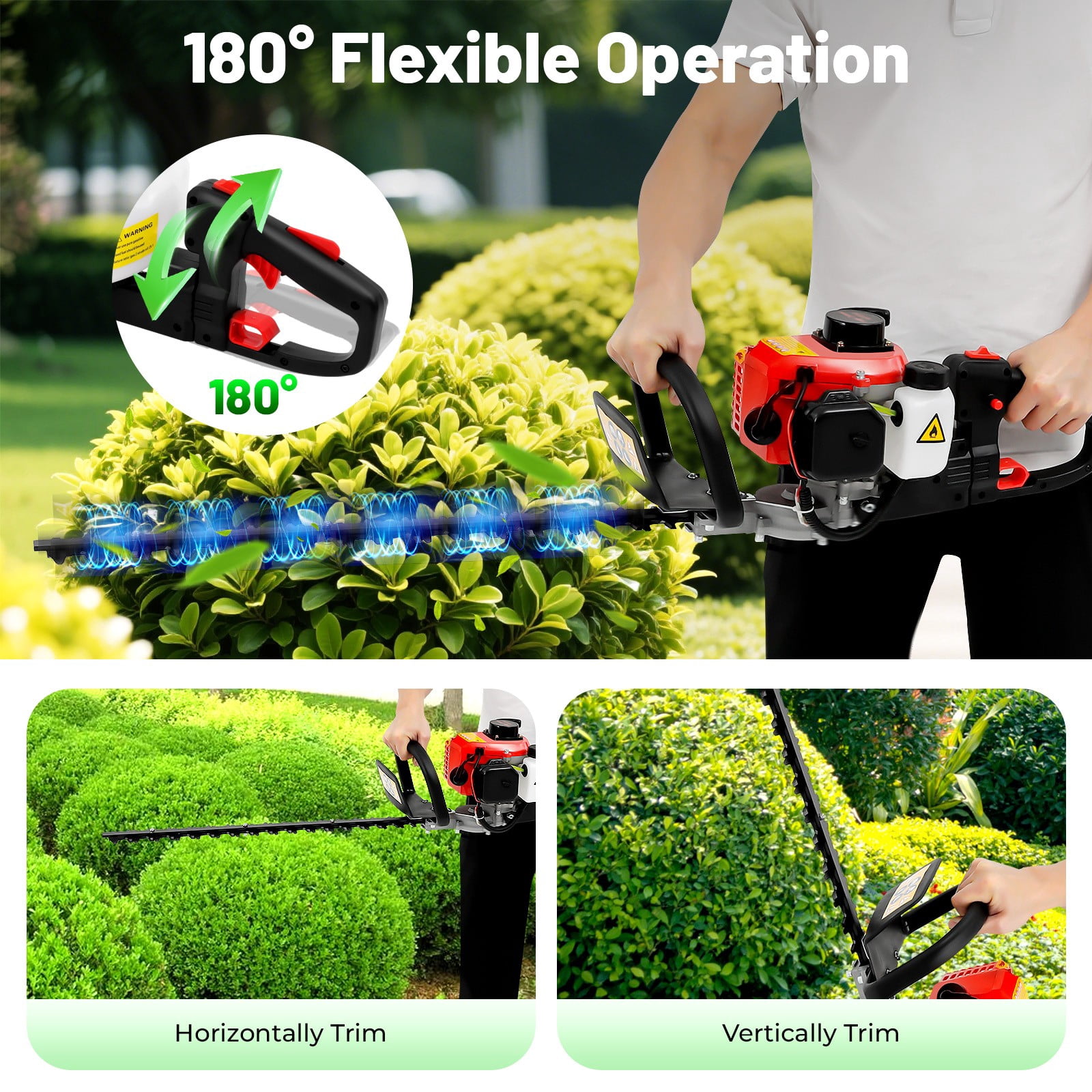 Double-Sided Blade Petrol Hedge Trimmer, 2-Stroke 22.5cc Gas Powered Hedge Cutter, Cordless Lightweight Ergonomic Handle, Air-Cooled Single Cylinder for Garden Outdoor