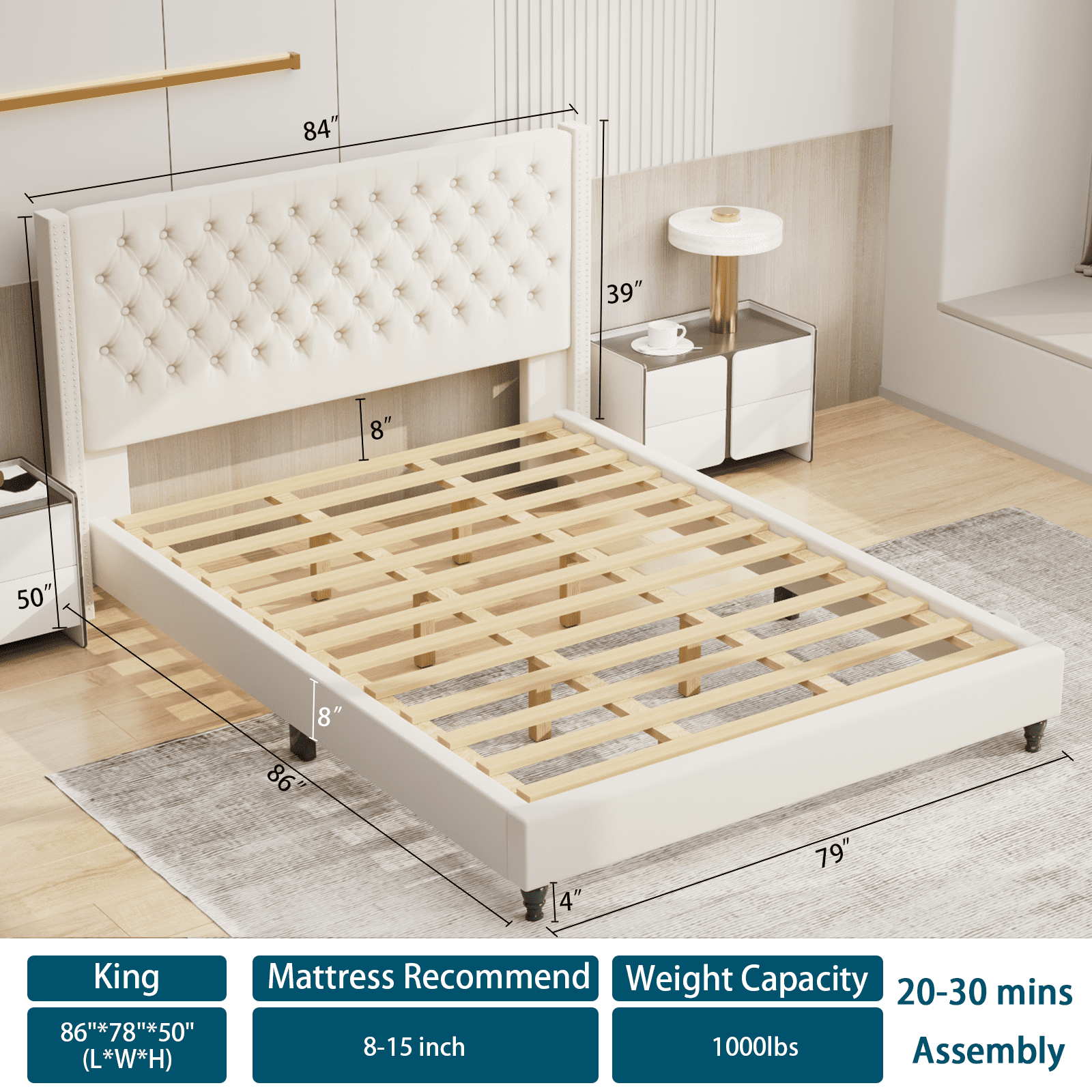 Upholstered Tufted Bed, Platform Bed Frame with Diamond Low Profile Platform Beds Strong Wooden Slats, King Size White