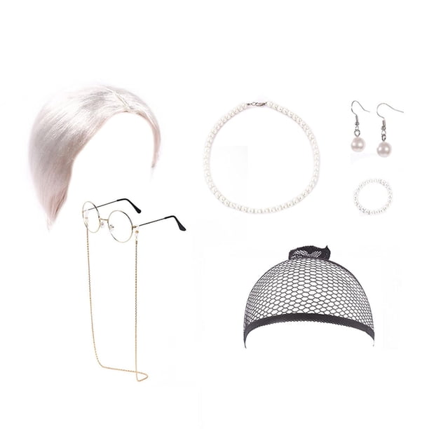 Pelucas de pelo sintético para mujer Peluca de anciana Peluca de cosplay de abuela Disfraz de anciana para mujer Gorro de peluca de abuela Cadena de gafas Collar de perlas Pendientes Pulsera (7 pieza