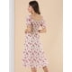 thumbnail image 5 of Vestido floral midi fruncido informal con mangas abullonadas y cuello cuadrado para mujer Beige M, 5 of 6