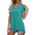 thumbnail image 4 of MOSHU V Neck T-Shirts for Womens Side Split Short Sleeve Shirts Loose Fit Tee Dressy Casual Women Tops, 4 of 12