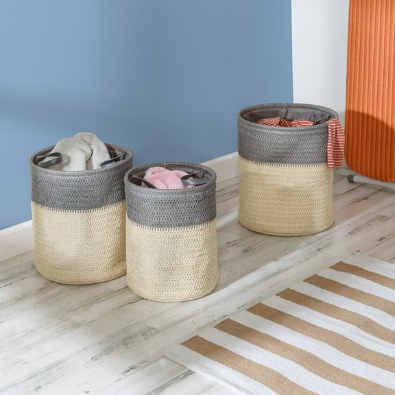 Honey Can Do Set of 3 Paper Straw Laundry Baskets with Handles, Gray/Natural